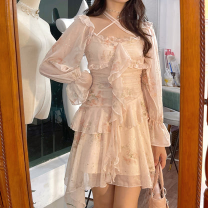 Ruellia Fairy Floral Soft Pink Princess Long Trumpet Sleeve Ruffled Halter Neck Dress