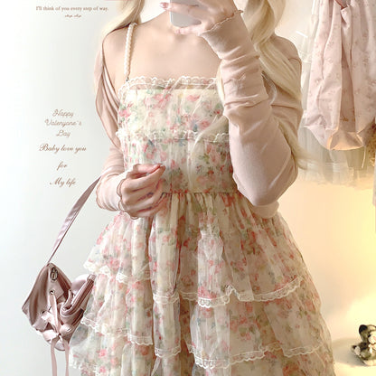 Dormir Doll Floral Rose Ruffled Pearl Strap Dress