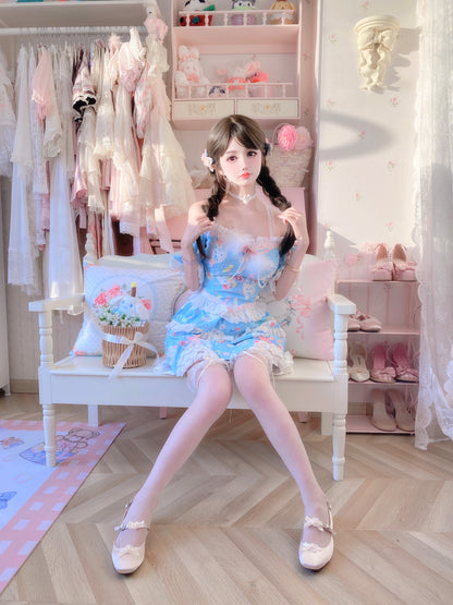 Candy Fairy Cute Blue Cinnamon Dog Lace Camisole Puff Sleeve Top & Skirt Pajamas Two Piece Set