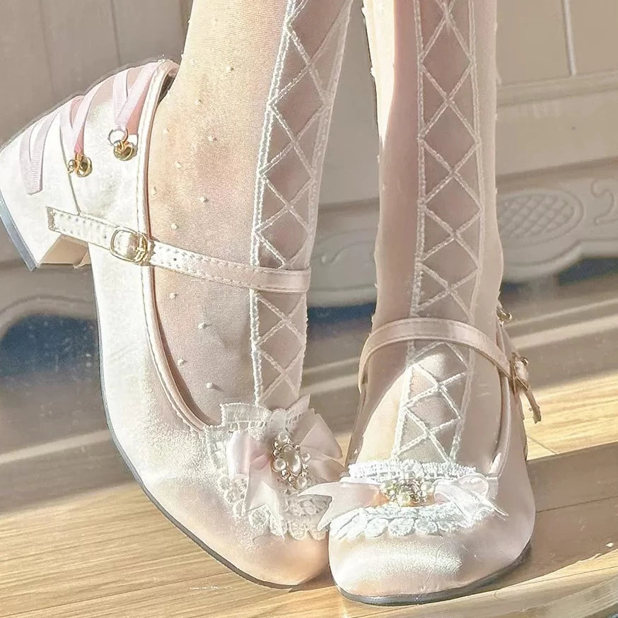 Pinky Coquette Princess Fairy Light Pink Bow Lace Mary Jane Shoes