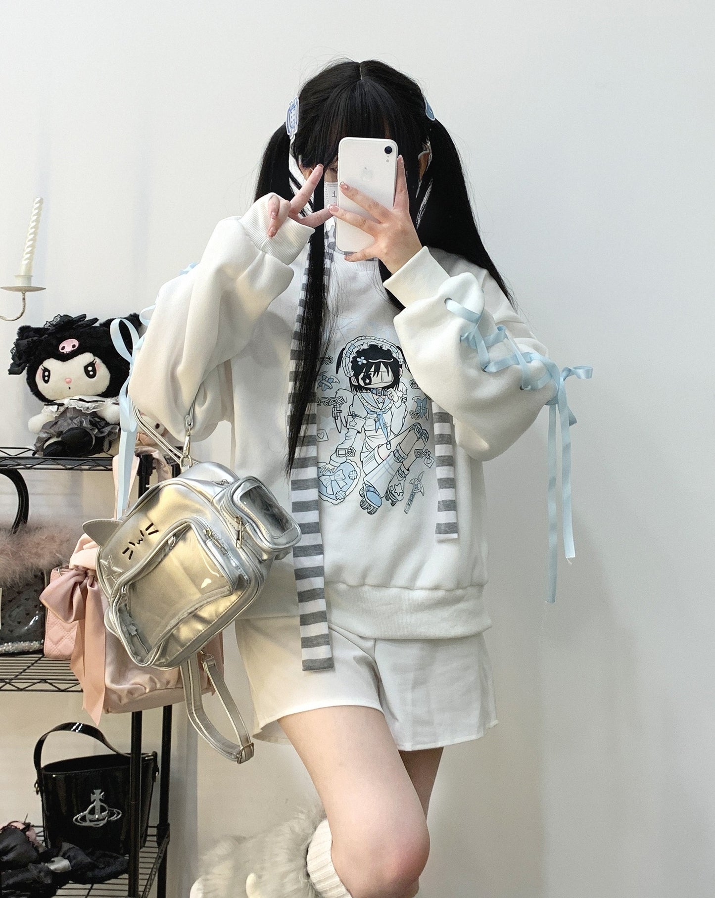 Kitten Bullet Aqua Heaven White Blue Bow Lace Sweater Sweatshirt