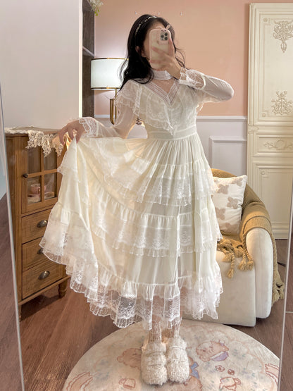 Ruellia Fall Fairy White Lace Mesh Long Sleeve Ruffled Layared Cake Dress