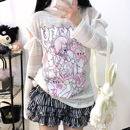 Kitten Bullet Doll Dependence Black & White Hollow Knit Sweater Hoodie Top