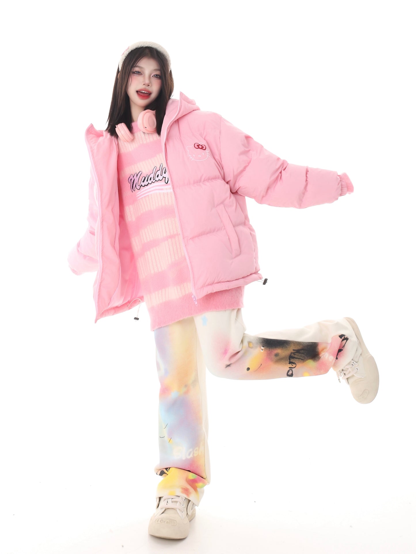 Pink White Blue Cartoon Kitty Cat Winter Thick Padded Puffer Jacket