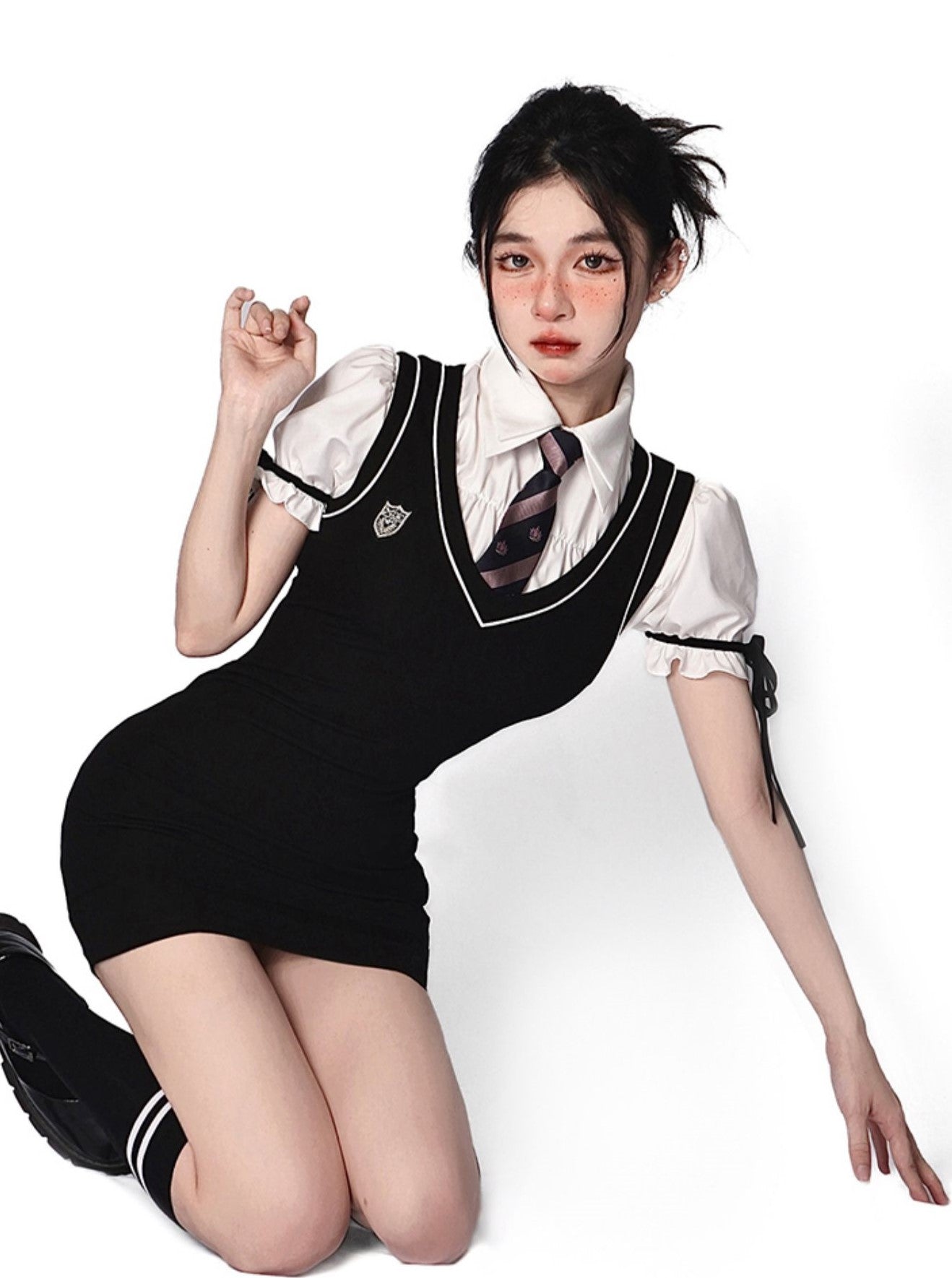 Young Eyes Preppy College School Girl Academia Black & White Shirt Dress Two Piece Set