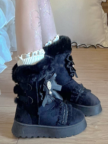 Pinky Sweet Beige Black Lace Mid Calf Fur Winter Thick Snow Round Toe Boots Shoes