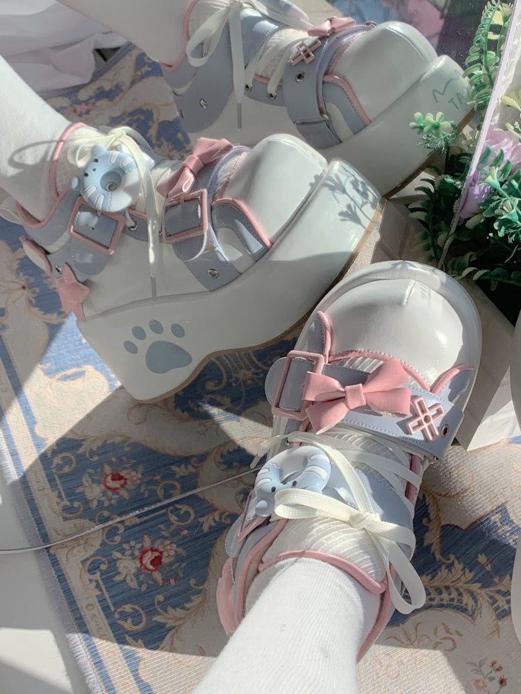 Moeka Chan Blue & Pink Paw Lolita Princess Thick Sole Shoes