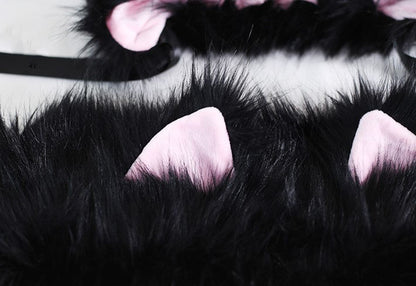 Winter Lolita White & Black Cat Ears Cute Handmade Fur Hats Headband