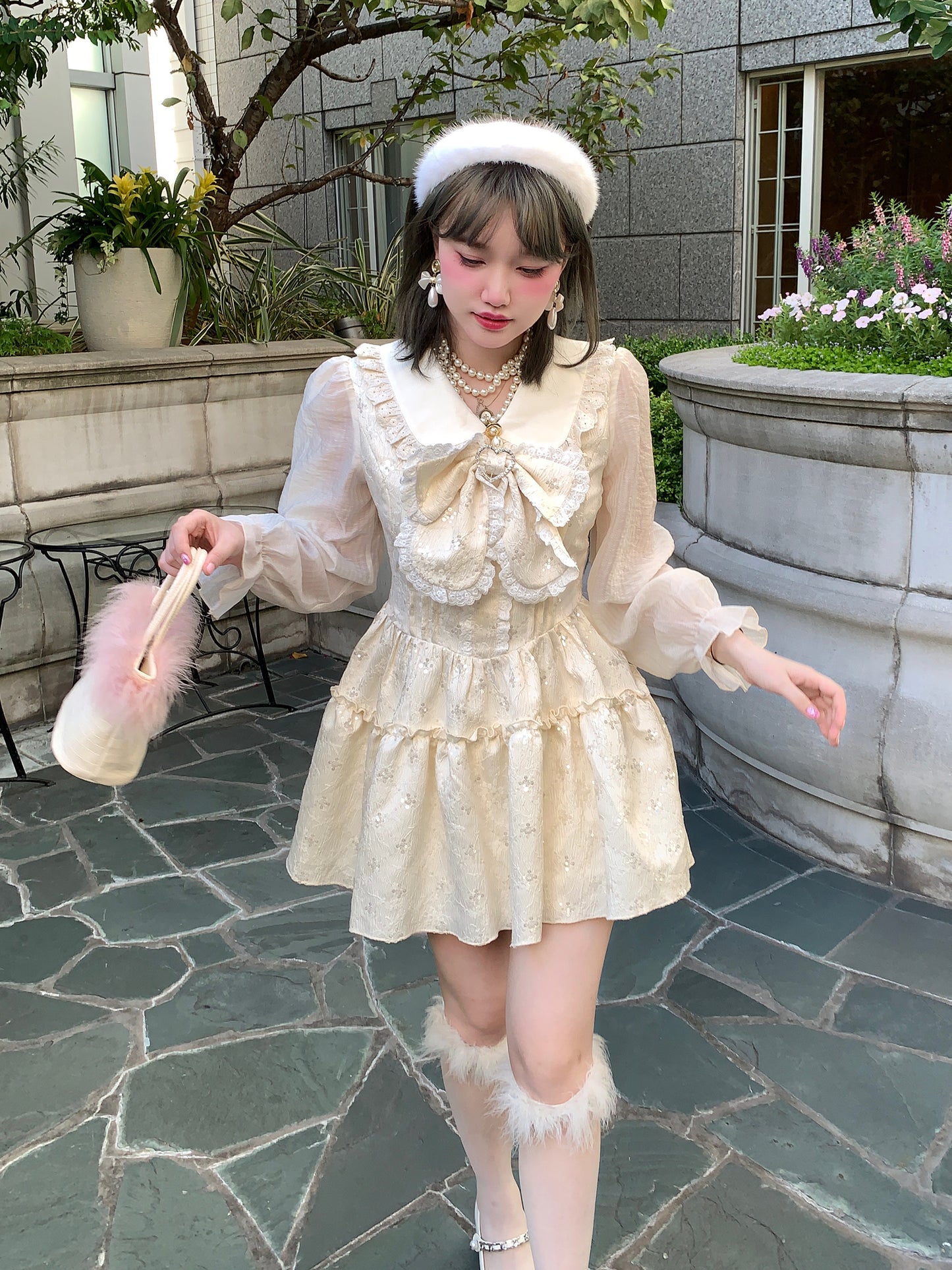 Picnic Girl Cream White Elegant Sequin Sailor Collar Long Sleeve Dress