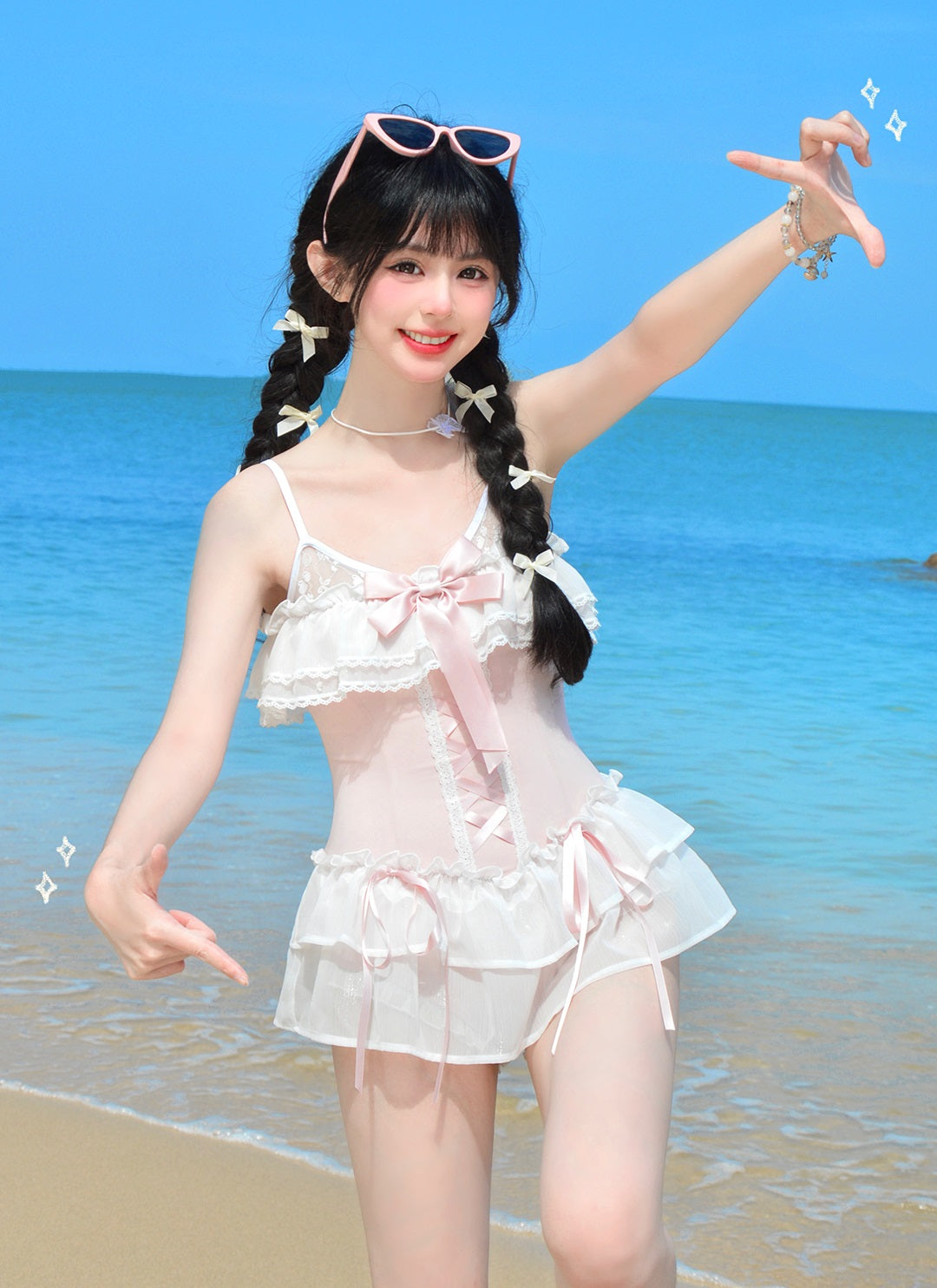 Satin Waltz Pink White Onepiece Swimsuit