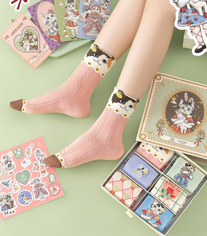 Cute Calico Cat Colorful Cotton Socks 6 Patterns Pairs Sets