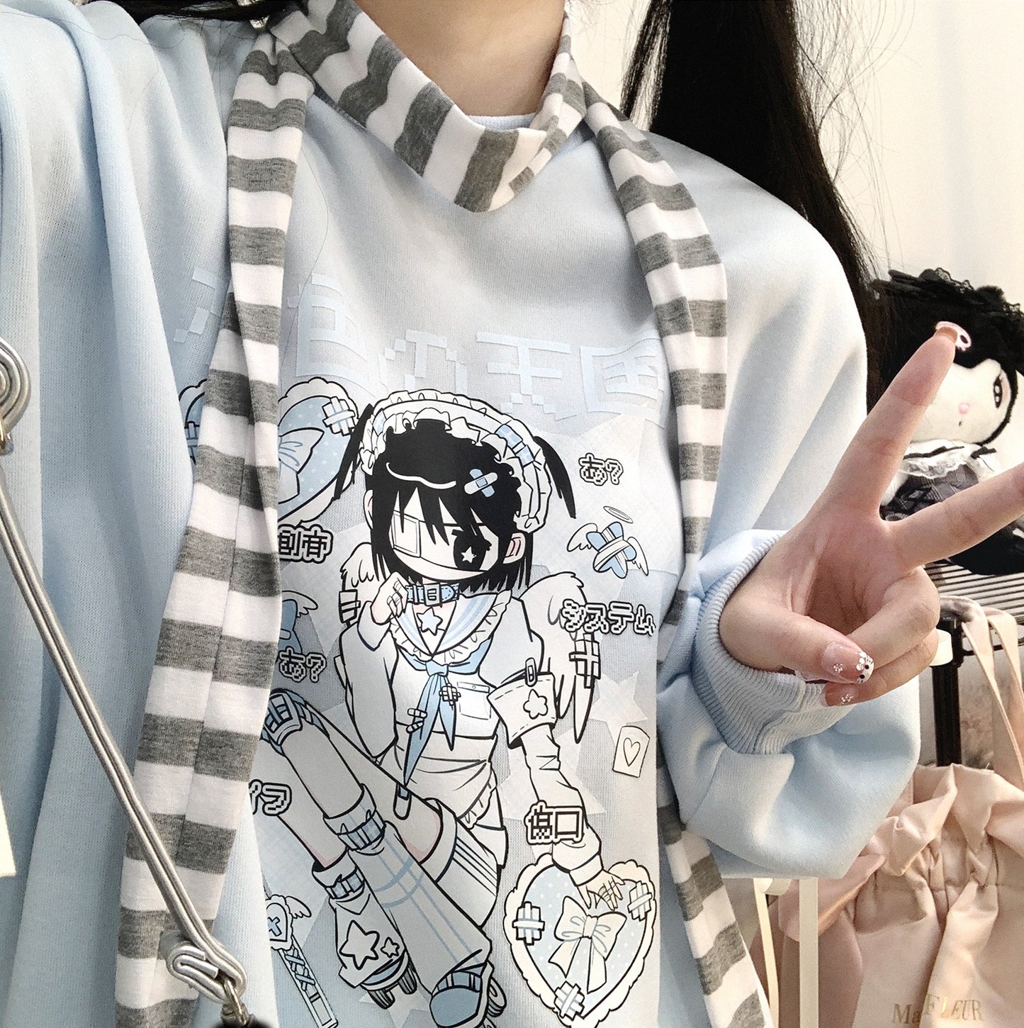 Kitten Bullet Aqua Heaven White Blue Bow Lace Sweater Sweatshirt