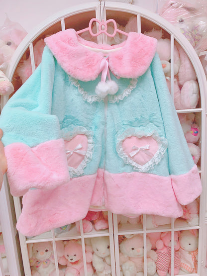 Candy Fairy Winter Velvet Plush Ice Cream White Turquoise Green Thick Fur Jacket