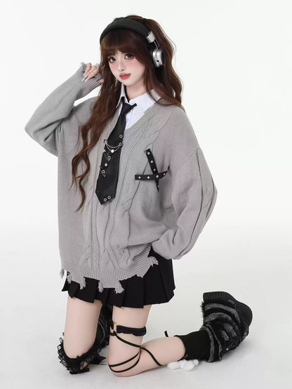 Crazy Girl New Student Report Black Gray Knit Sweater