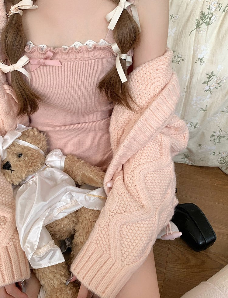 Creamy Sweet Soft Girl Pink Knit Long Cardigan & Strap Dress Two Piece Set