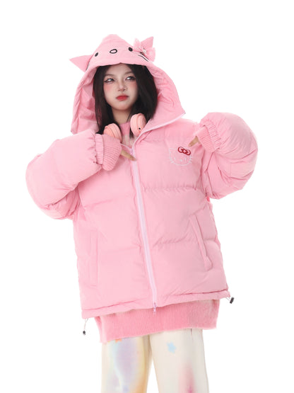 Pink White Blue Cartoon Kitty Cat Winter Thick Padded Puffer Jacket