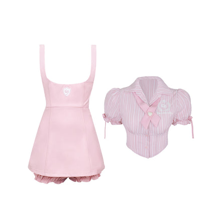 Serendipity Sweet Berry Pink Puff Sleeve Shirt Top & Suspender Skirt Two Piece Set