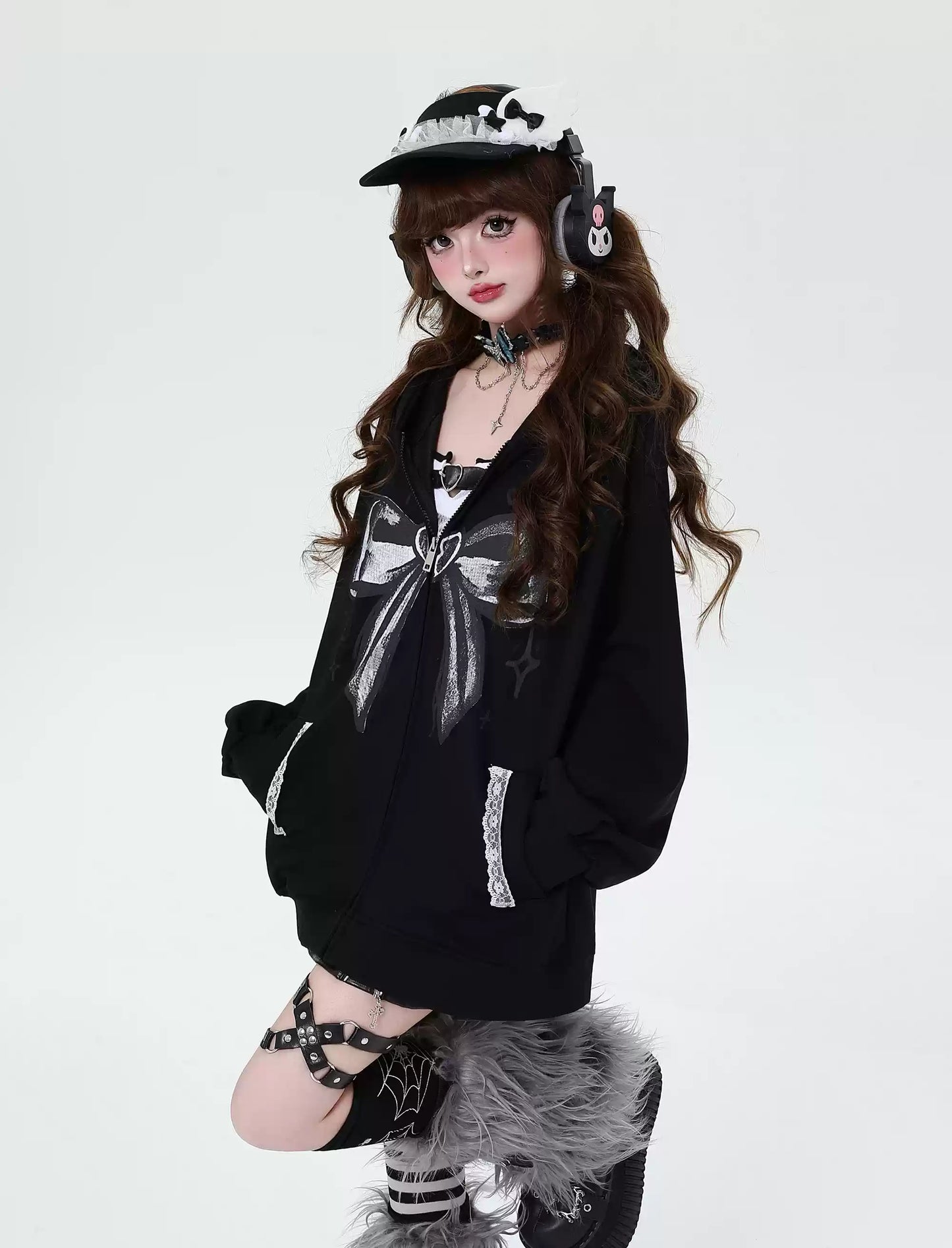 Crazy Girl Bow Street Style Gray Black Jacket Hoodie