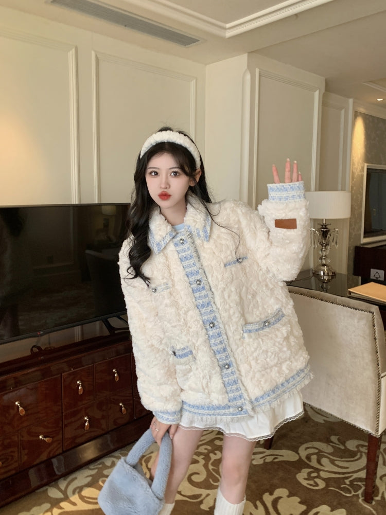 Winter Luxury Elegant Chic Plush White Blue Quilted Jacket