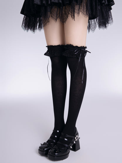 EGL Over Under The Knee Bow Lace Black White Socks Stockings