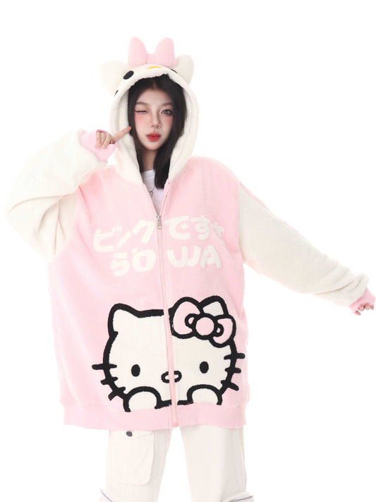 Cute Kitty Cat Pink Black Polar Fleece Y2K Oversize Hoodie Jacket