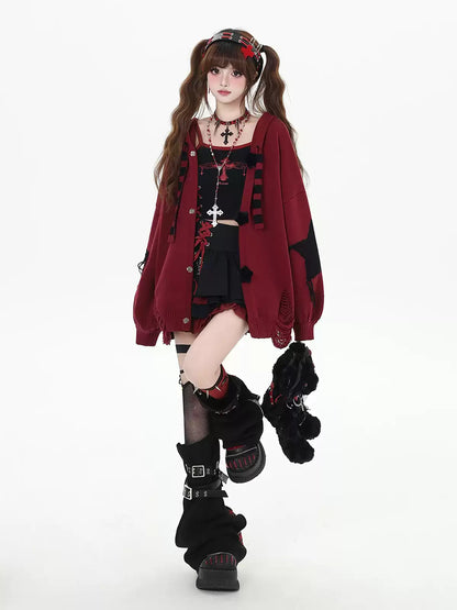 Crazy Girl Yabi Star Red Black Rabbit Ears Jacket Hoodie