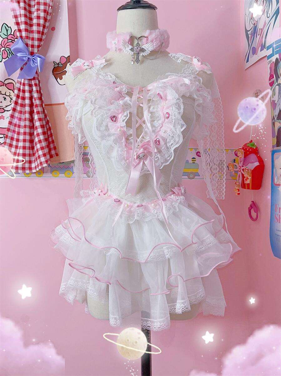 Coquette Sexy Kitty Lace White Pink Cake Dress Lingerie