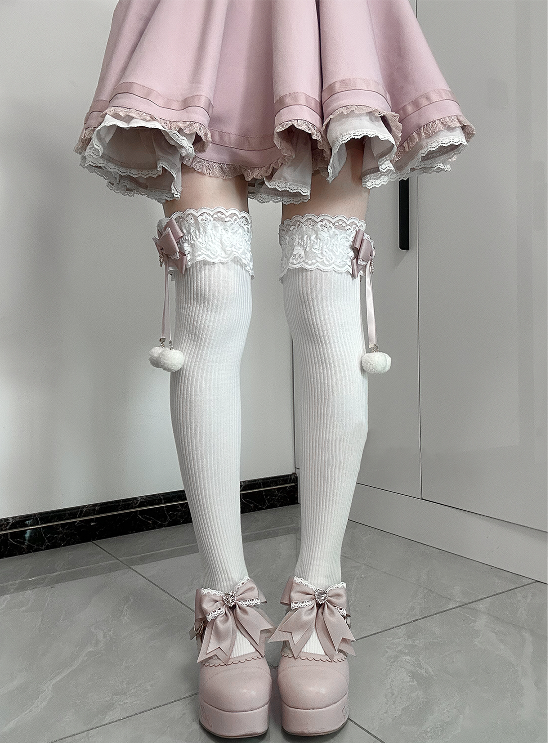 Jirai Kei Princess Black White Pink Blue Lace Over the Knee & Calf Socks