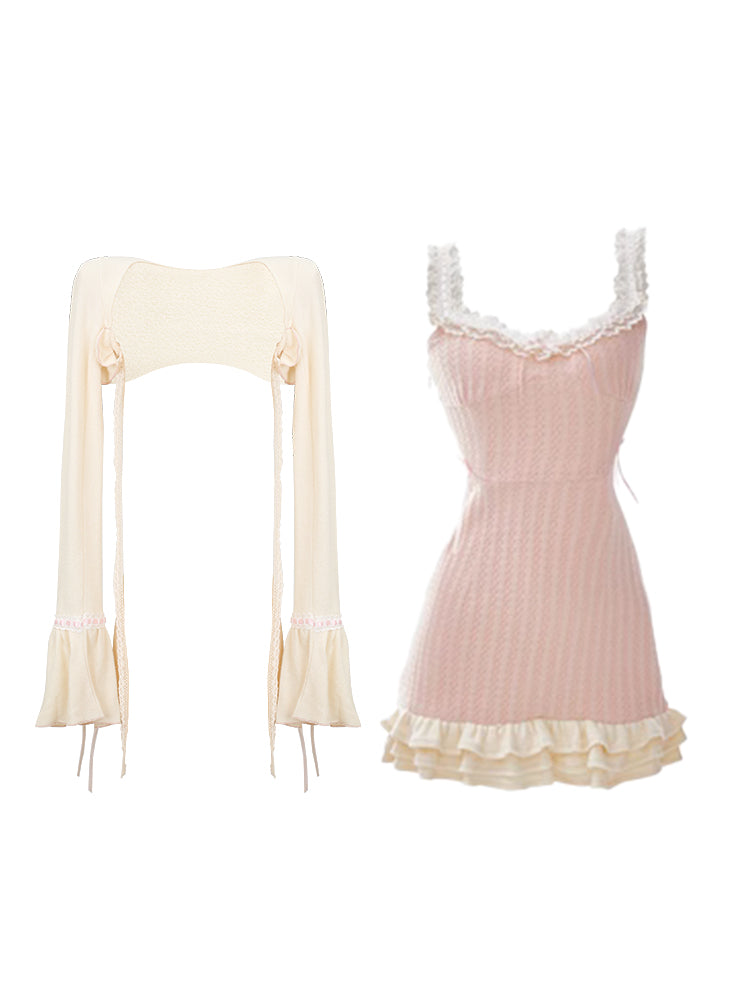 Serendipity Autumn Tea Break Pink Lace Strap Dress & Beige Cardigan Two Piece Set