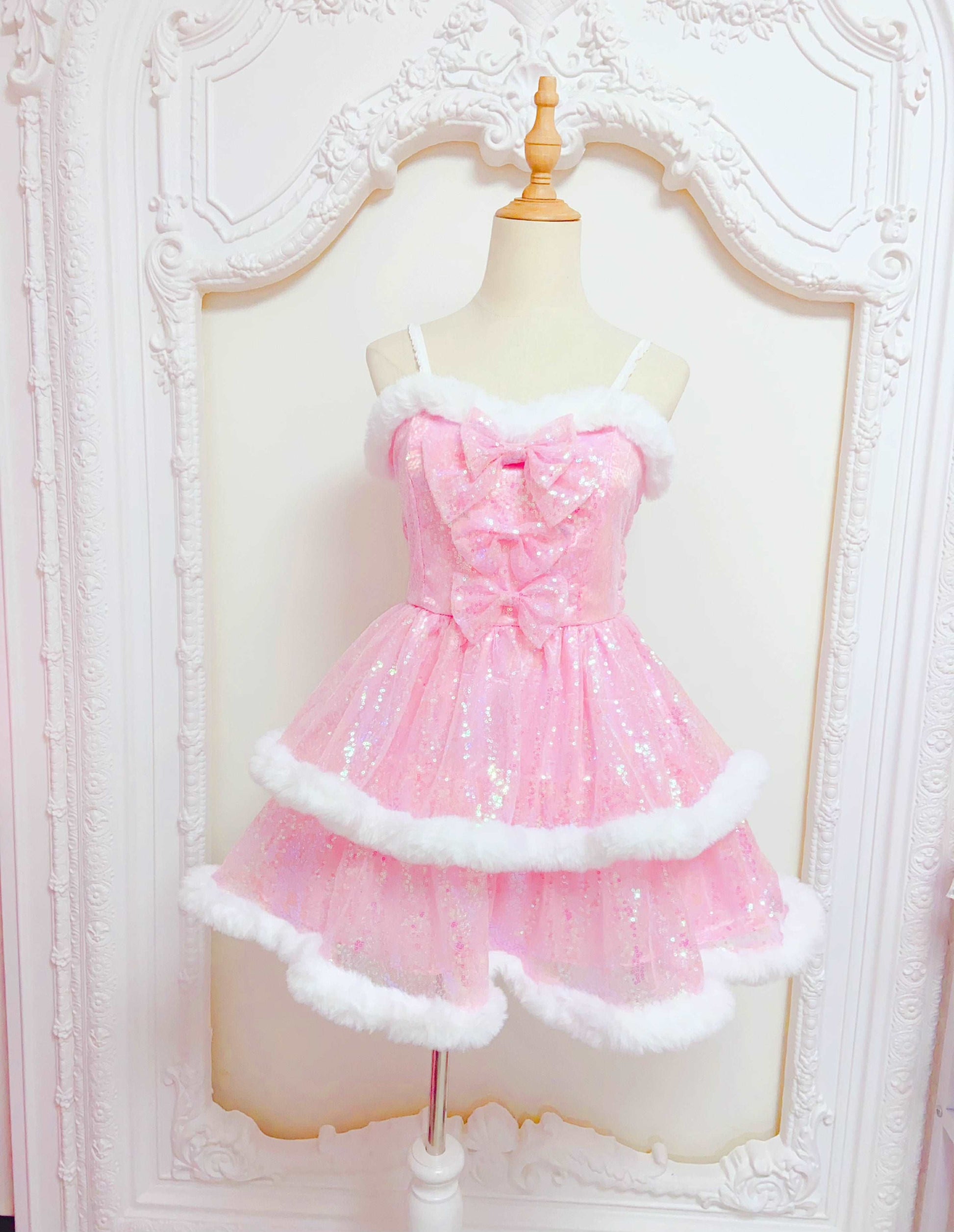 Candy Fairy Winter Princess Pink & White Ruffled Strap Dress & Hooded Cape Cloak Two Piece Set