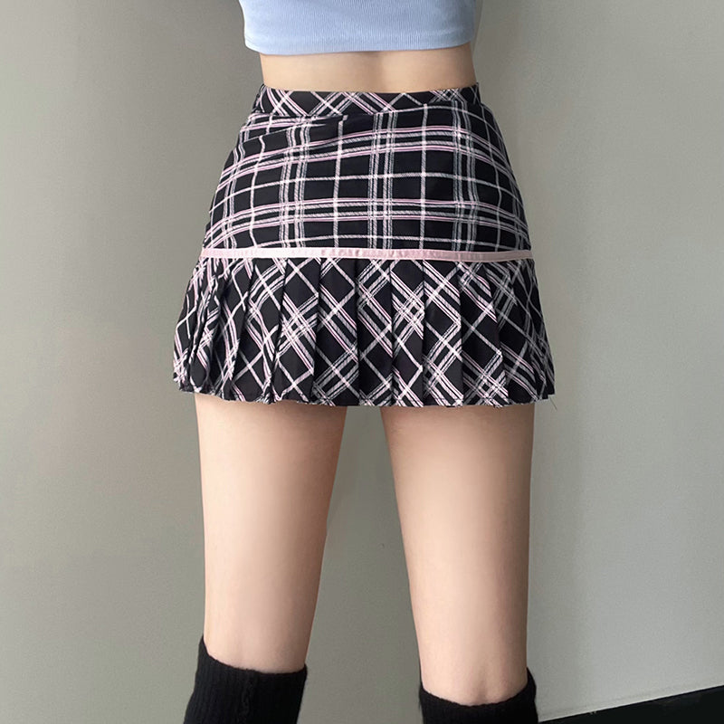 Soft Girl Coquette Black Pink Plaid Bow Short Skirt