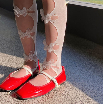 Pretty Hollow Butterfly White Black Hot Pink Thigh High Stockings