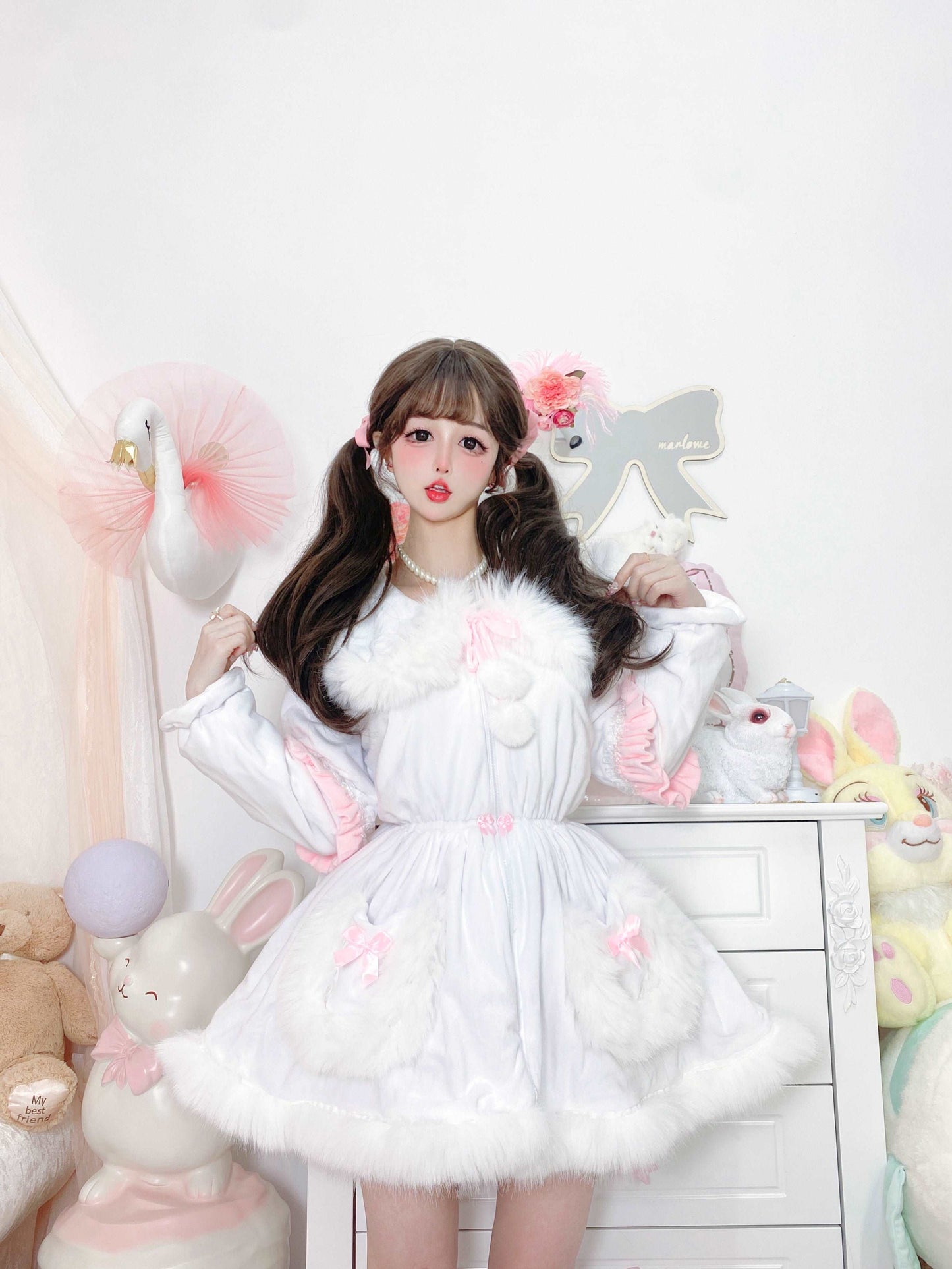 Candy Fairy Pink & White Pastel Princess Fur Plush Velvet Thick Jacket Coat Dress