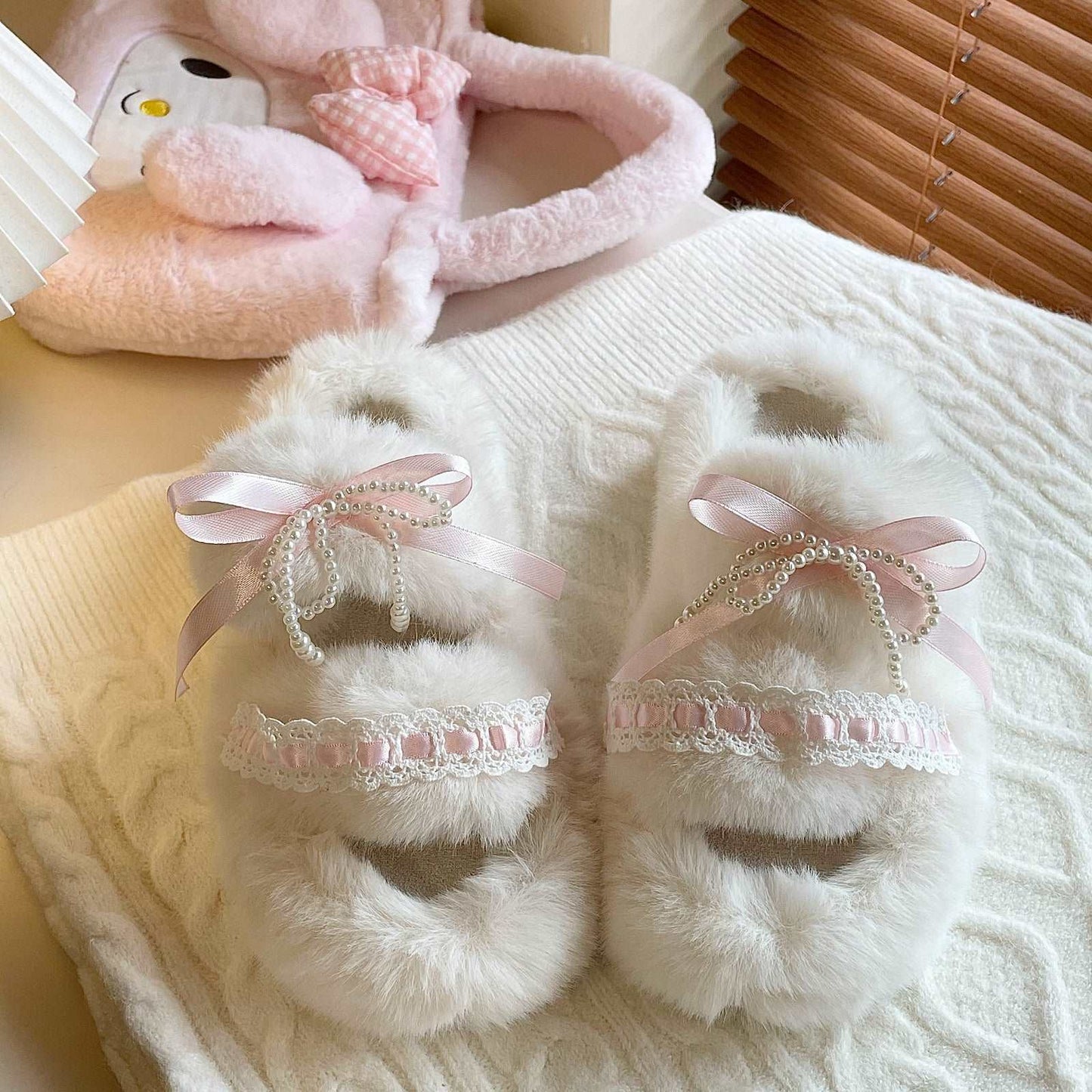 Coquette Pink Bow Lace Pearls Fluff Slippers Shoes