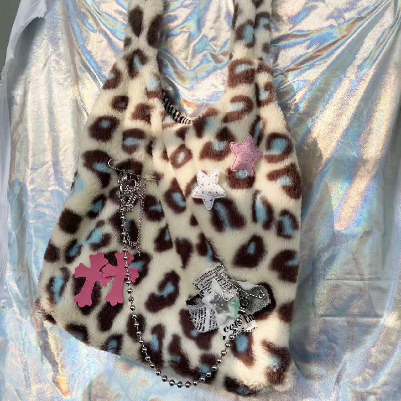 Plush Leopard Print Y2K Shoulder Tote Bag