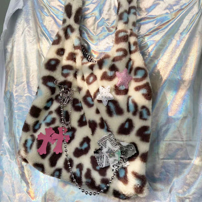 Plush Leopard Print Y2K Shoulder Tote Bag