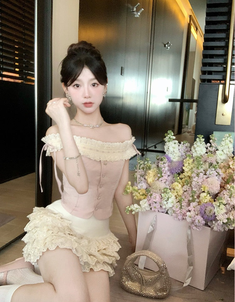 Creamy Sweet Love Heart Off Shoulder Pink Top & Skirt Two Piece Set