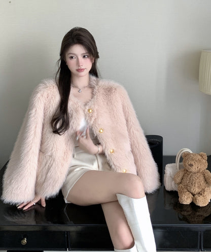 Winter Classy Luxury Elegant Fur Plush Pink Jacket