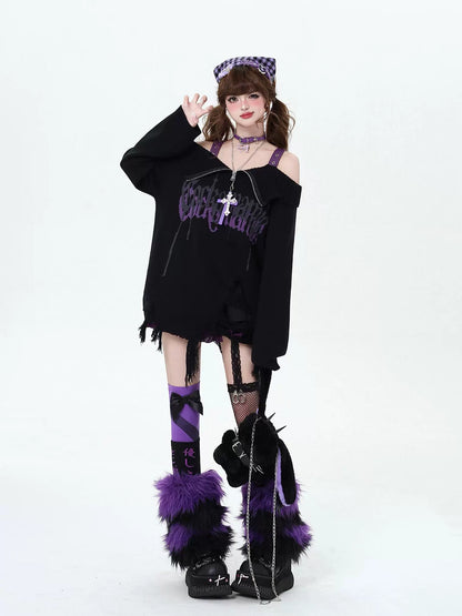 Crazy Girl Gothic Fragments Purple Black Off Shoulder Sweater