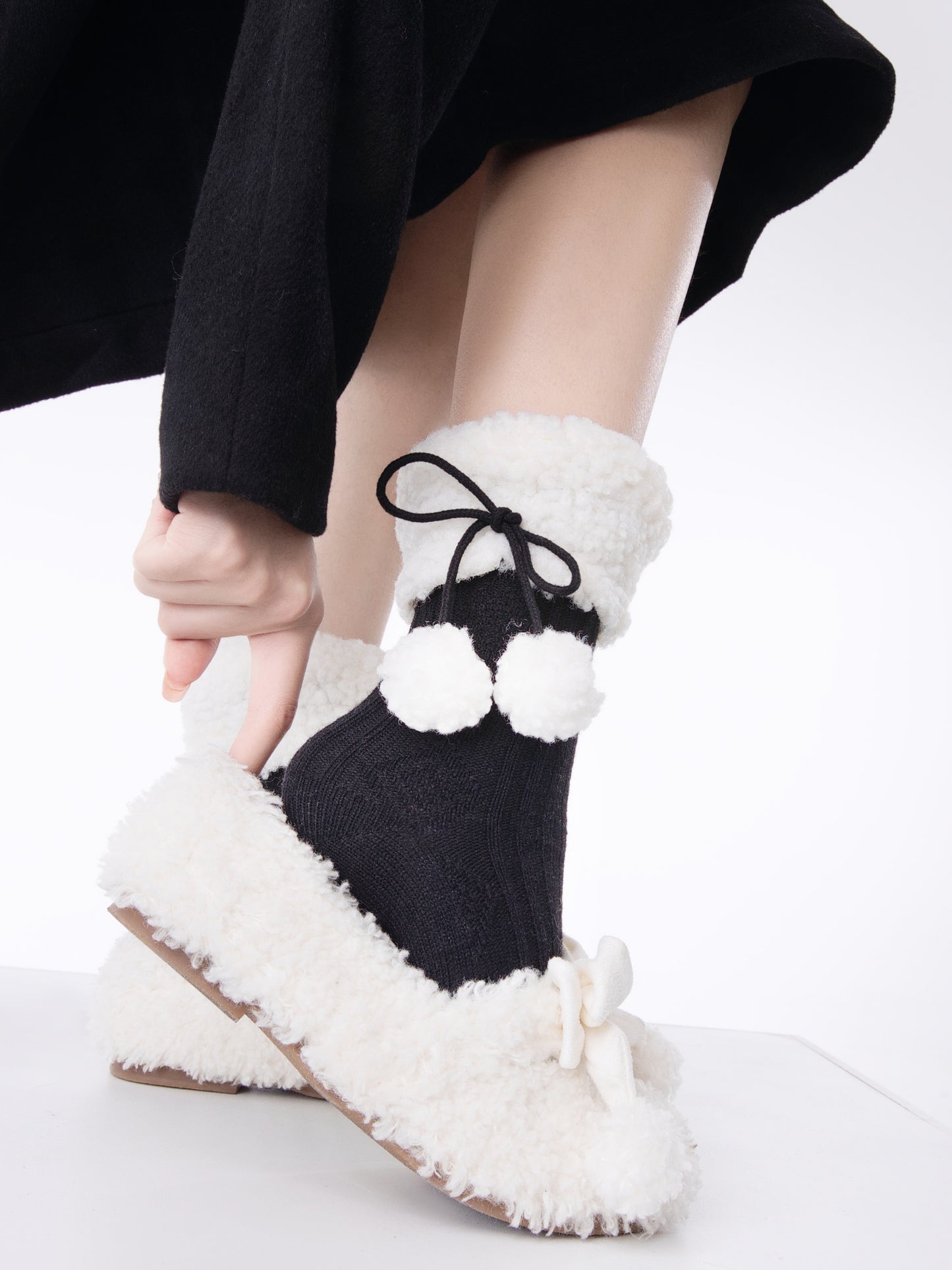 Winter Floor Knit White Beige Brown Gray Black Pompom Balls Socks