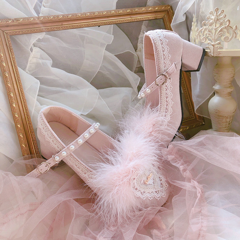 Pinky Victorian Style Lace Classic Elegant Chic Feather Pink Mary Jane Shoes