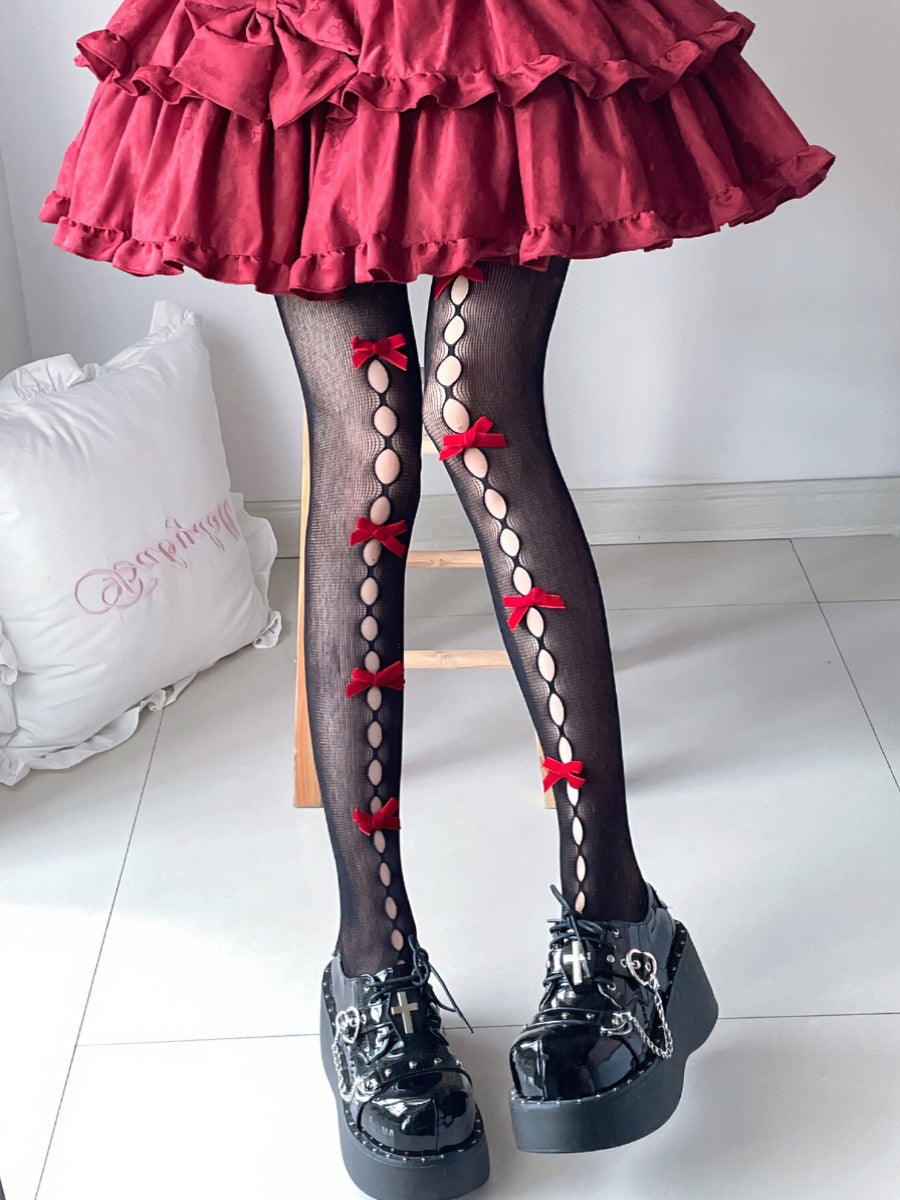 Lolita Bow Lace Hollow White Pink Red Purple Black Tights Stockings