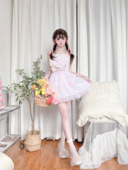 Candy Fairy Coquette Sweet Girl Heart Pink Strap Ruffled Dress