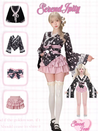 Serendipity Fireworks Song Kimono Black Top & Jacket & Pink Skirt Three Piece Set