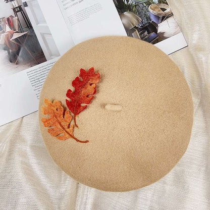 Cute Handmade Classic Khaki Autumn Leaves Fall Girl Wool Beret Hat