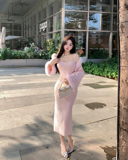 Fall Rose Light Pink Bodycon Strap Long Dress & Fur Jacket Chic Two Piece Set