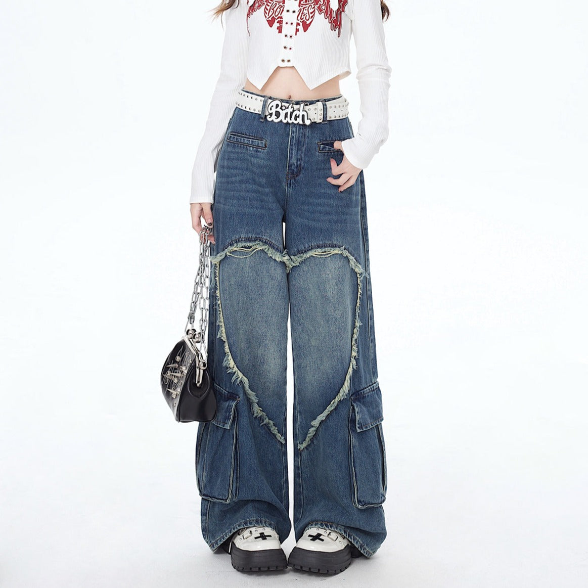 Crazy Girl Y2K Heart Blue Black Wide Leg Denim Jeans