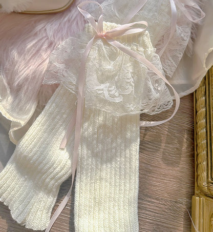 Pinky Rabbit Ears Plush Pearl Knit Coquette Winter Heels Boots Shoes & Lace Balletcore Leg Warmers