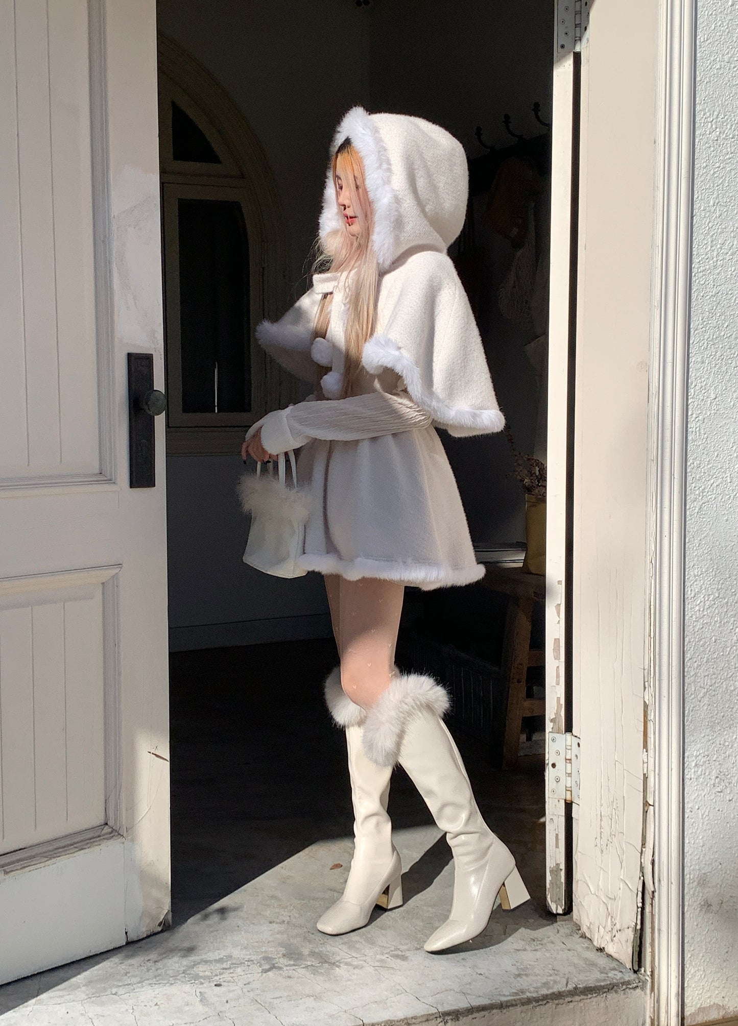 Picnic Girl Winter Ice Elf Princess White Dress & Hooded Cape Two Piece Set