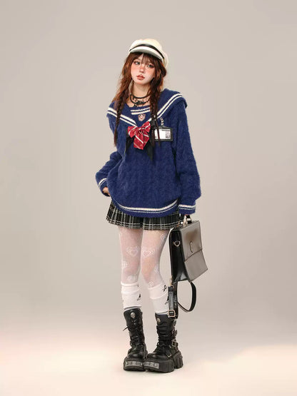 Young Eyes East Meets West Sailor Collar Cream Navy Blue Sweater